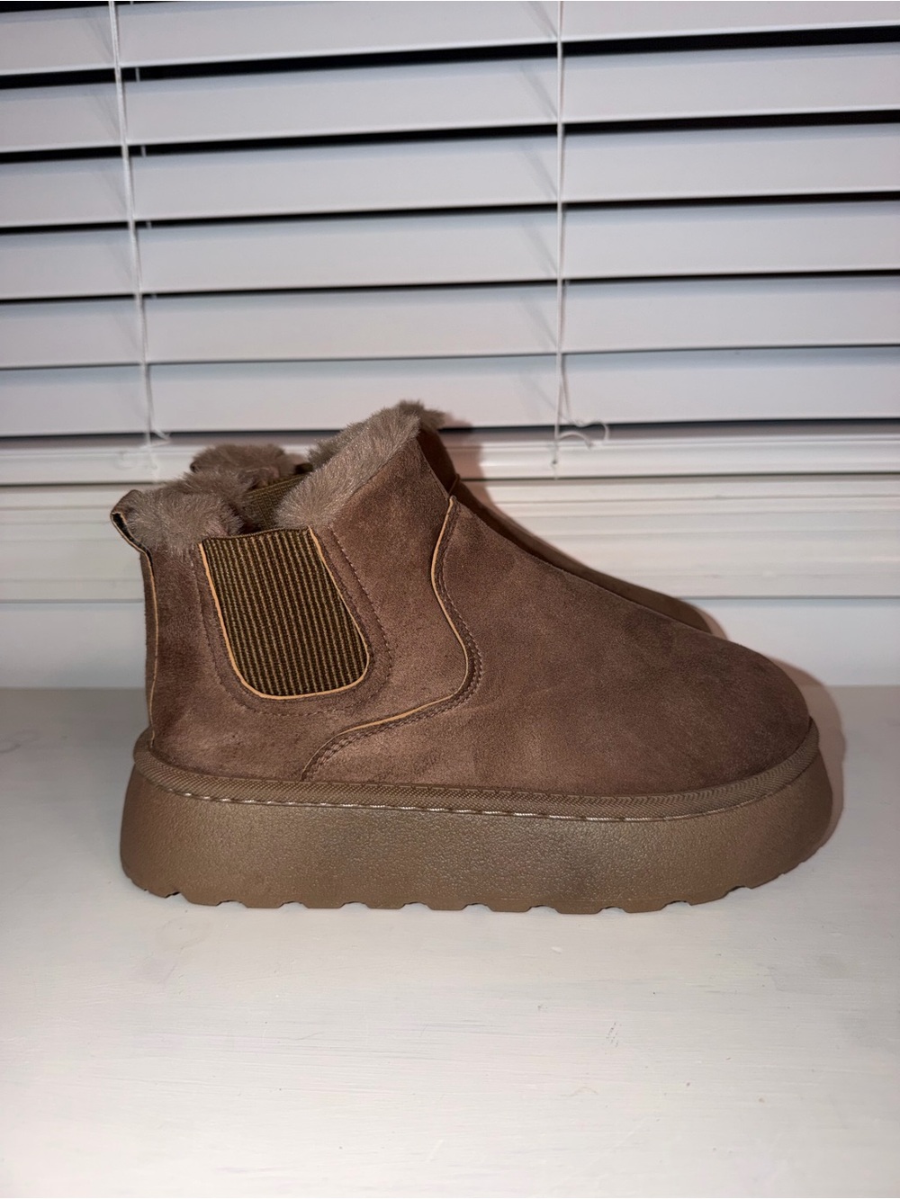 Women’s Suede Faux Fur Lined Platform Ankle Boots Pull On Brown 39 Sz 8-8.5